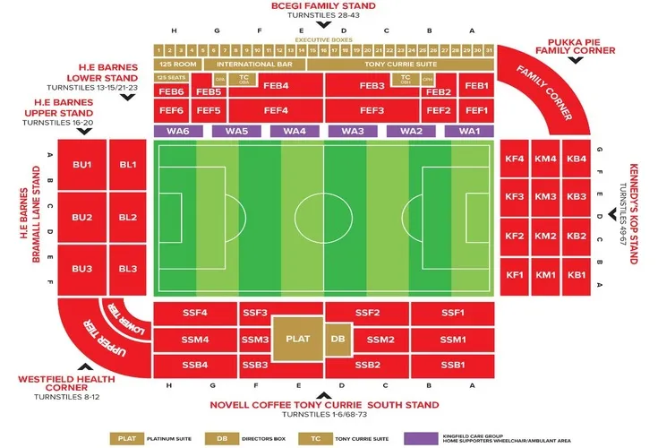 Bản đồ chỗ ngồi sân vận động Bramall Lane, hướng dẫn chi tiết các khu vực