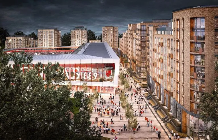 Hình ảnh mô phỏng kế hoạch mở rộng sân Kingfield Stadium của Woking FC, thể hiện tầm nhìn phát triển cơ sở hạ tầng bóng đá