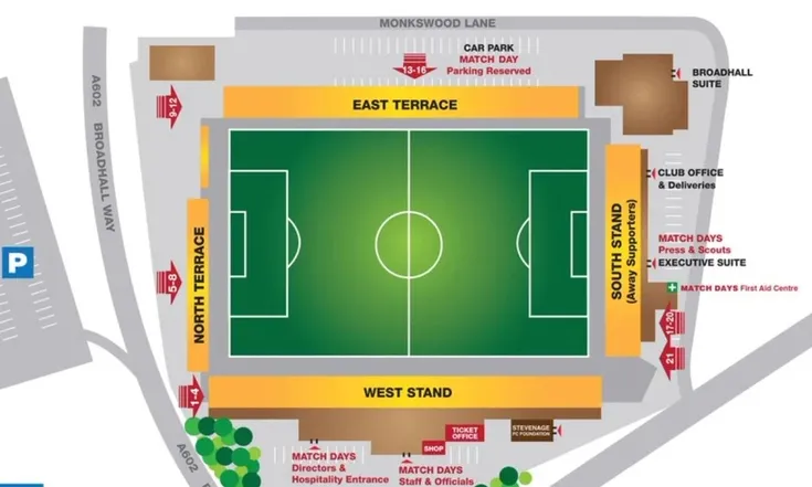 Sơ đồ bố trí các khán đài và khu vực bên trong sân vận động Broadhall Way của Stevenage FC