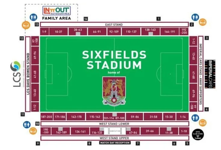 Sơ đồ bố trí các khán đài và khu vực bên trong Sixfields Stadium