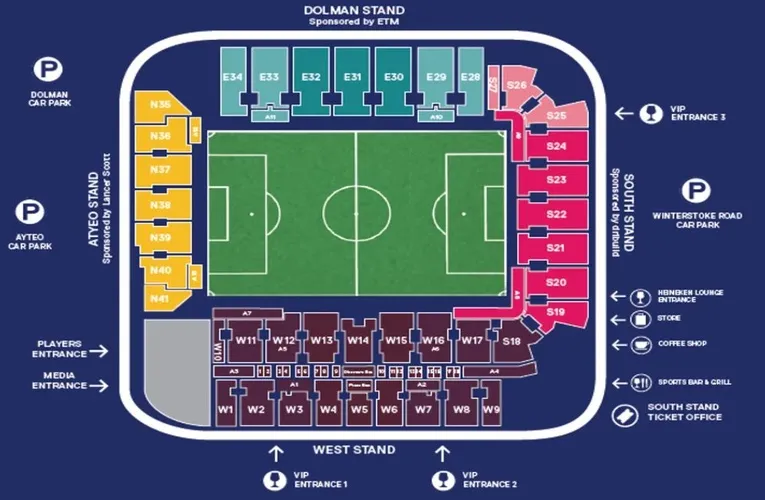 Sơ đồ bố trí chỗ ngồi các khán đài tại sân vận động Plainmoor của Torquay United.