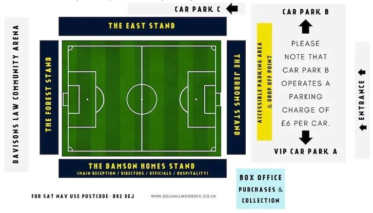 Sơ đồ bố trí chỗ ngồi sân vận động Damson Park, hướng dẫn cho khán giả Solihull Moors