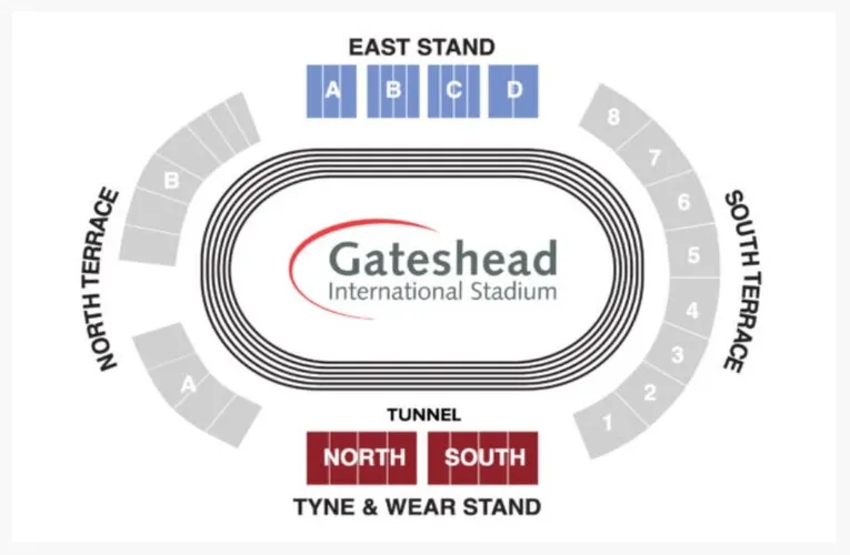 Sơ đồ bố trí khán đài và khu vực chỗ ngồi tại Gateshead International Stadium