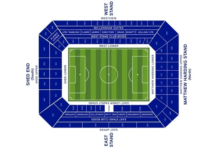 Sơ đồ chi tiết các khán đài tại sân Stamford Bridge, giúp người hâm mộ dễ dàng tìm kiếm chỗ ngồi của mình