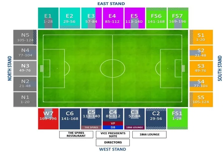 Sơ đồ chi tiết các khán đài và chỗ ngồi tại sân vận động SMH Group của Chesterfield FC