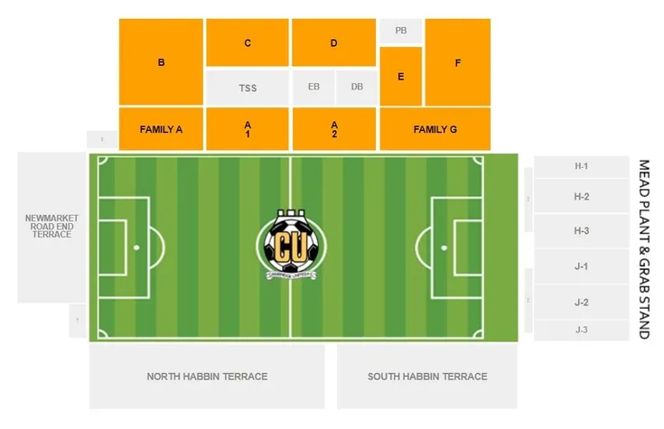 Sơ đồ chi tiết các khán đài và khu vực chỗ ngồi tại Abbey Stadium, sân nhà Cambridge United