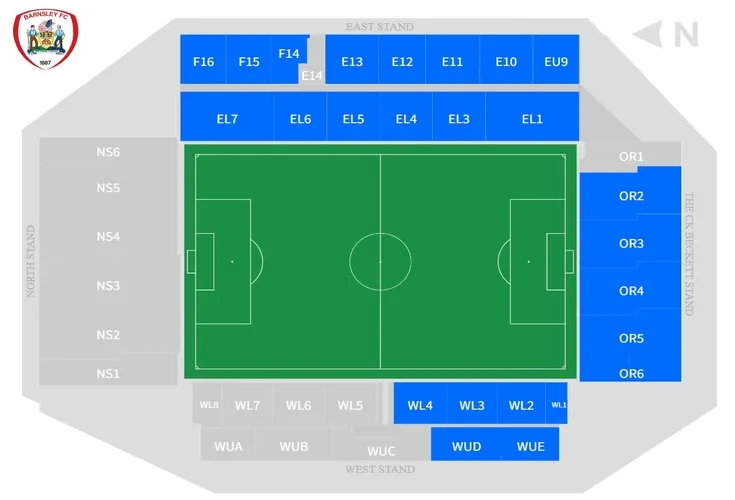 Sơ đồ chi tiết các khán đài và khu vực chỗ ngồi tại Oakwell Stadium, giúp người hâm mộ dễ dàng định vị vị trí