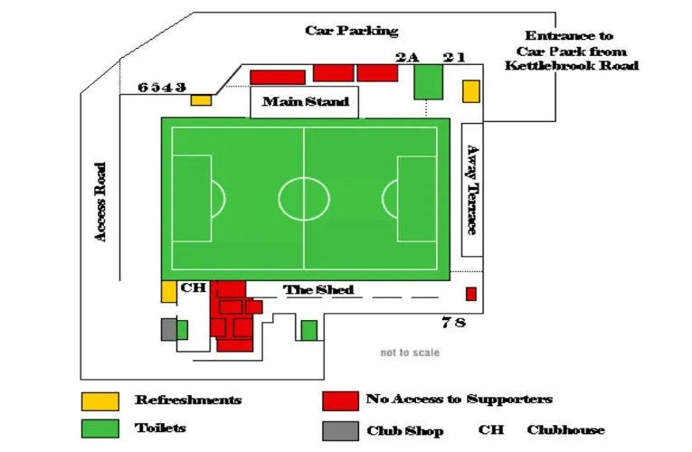 Sơ đồ chi tiết các khán đài và khu vực chỗ ngồi tại sân The Lamb Ground của Tamworth FC.