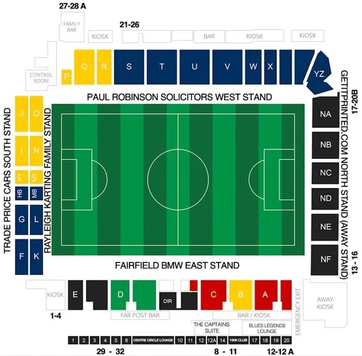 Sơ đồ chi tiết các khán đài và khu vực chỗ ngồi tại sân vận động Roots Hall của Southend United