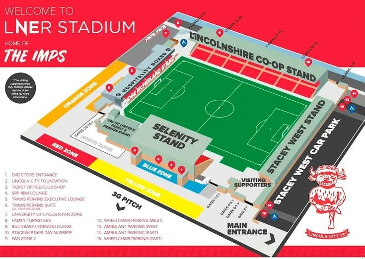 Sơ đồ chi tiết các khán đài và khu vực chỗ ngồi tại sân vận động Sincil Bank của Lincoln City FC, giúp người hâm mộ dễ dàng định vị vị trí.