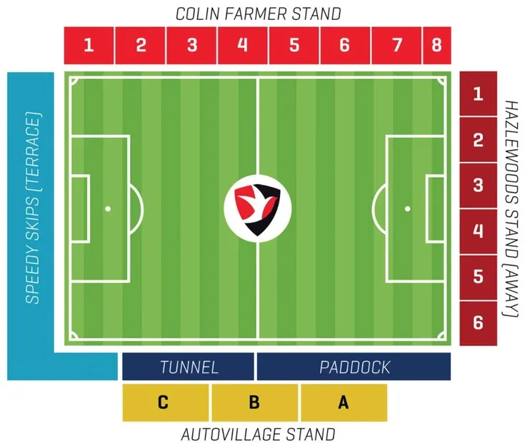 Sơ đồ chi tiết sân vận động Whaddon Road của Cheltenham Town FC, hiển thị các khu vực khán đài