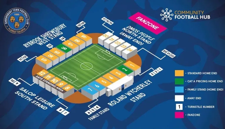 Sơ đồ chi tiết và bản đồ bố trí các khán đài tại sân Croud Meadow của Shrewsbury Town FC