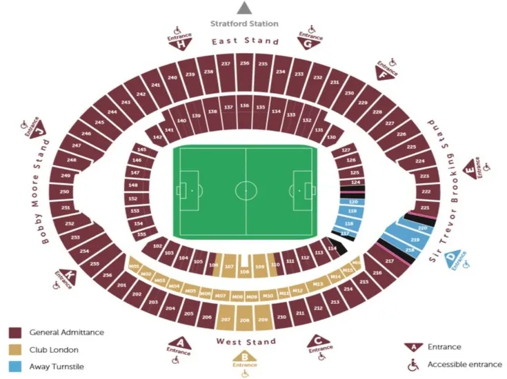 Sơ đồ chỗ ngồi chi tiết của sân London Stadium, hiển thị các khán đài và khu vực
