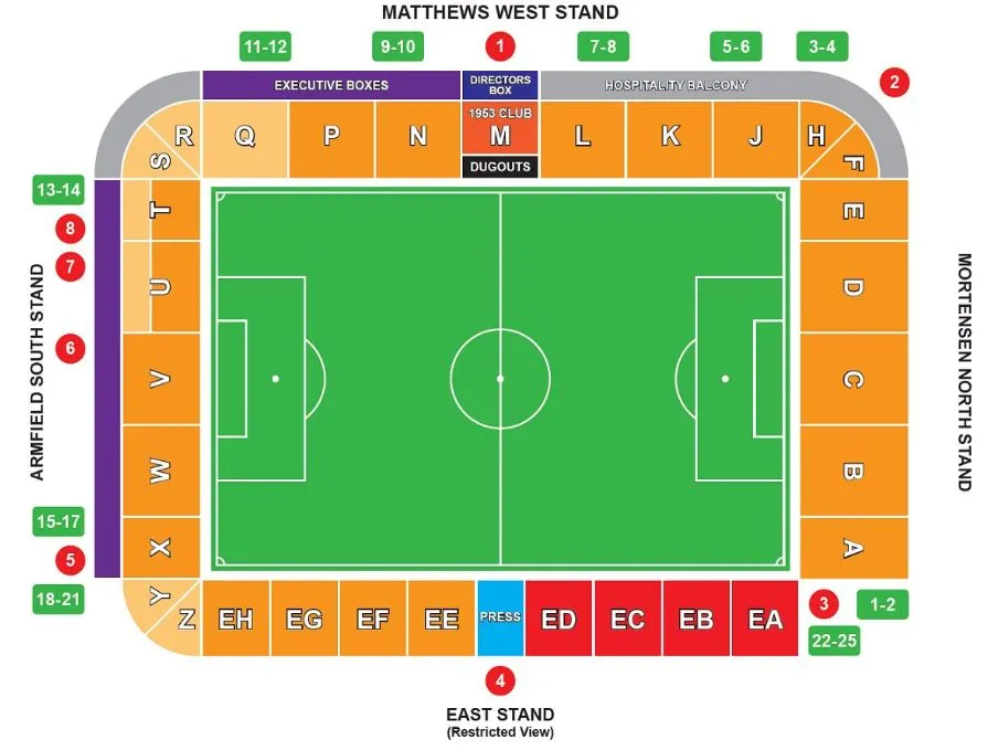 Sơ đồ chỗ ngồi chi tiết của sân vận động Bloomfield Road, giúp người hâm mộ hình dung các khán đài và vị trí chỗ ngồi lý tưởng để theo dõi Blackpool FC thi đấu.