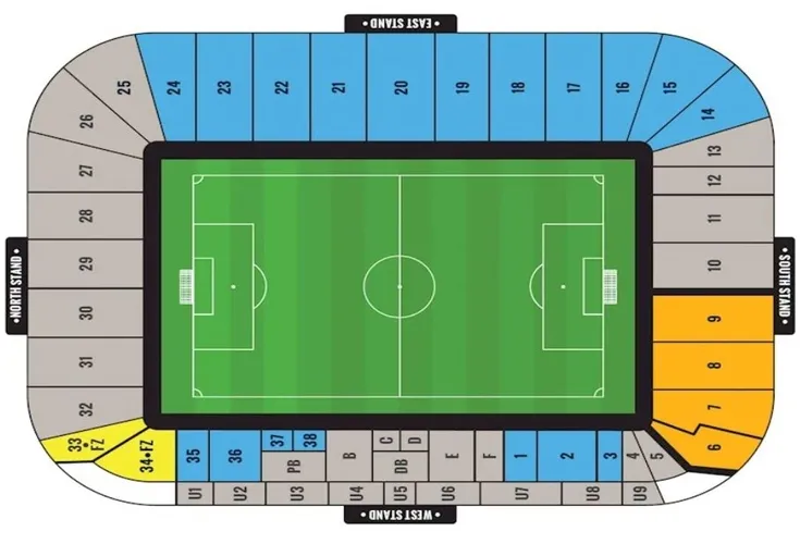 Sơ đồ chỗ ngồi chi tiết của Sân vận động Coventry Building Society Arena, phân chia các khu vực khán đài chính.