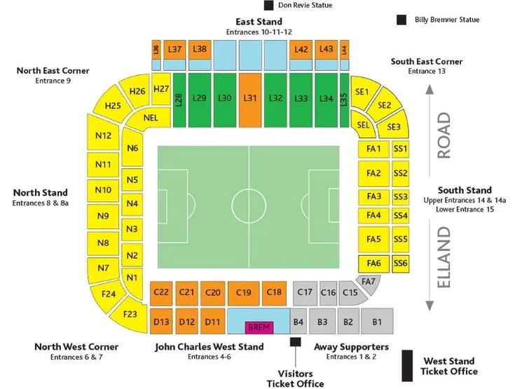 Sơ đồ chỗ ngồi chi tiết của sân vận động Elland Road, giúp người hâm mộ dễ dàng định vị khán đài
