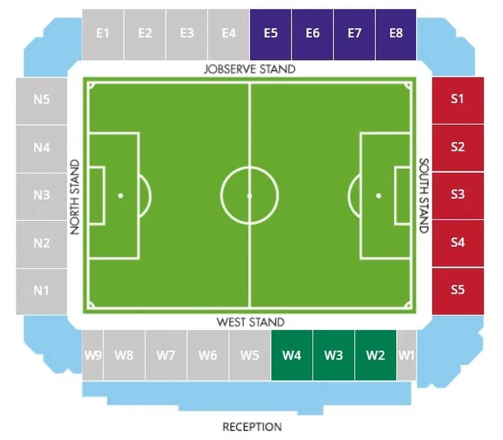Sơ đồ chỗ ngồi chi tiết của sân vận động JobServe Community Stadium, minh họa các khán đài và khu vực khác nhau dành cho khán giả.