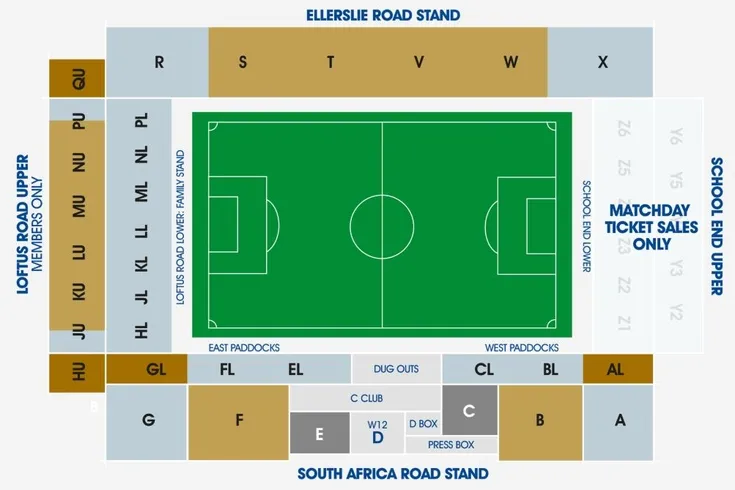 Sơ đồ chỗ ngồi chi tiết của sân vận động Loftus Road, giúp người hâm mộ dễ dàng lựa chọn vị trí