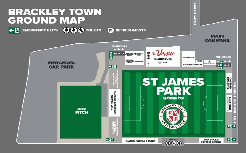 Sơ đồ chỗ ngồi chi tiết của sân vận động St James Park Brackley, giúp người hâm mộ dễ dàng định vị các khu vực.
