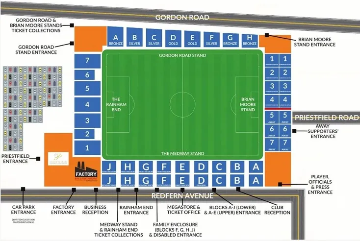 Sơ đồ chỗ ngồi chi tiết sân vận động Priestfield, hướng dẫn khu vực khán đài