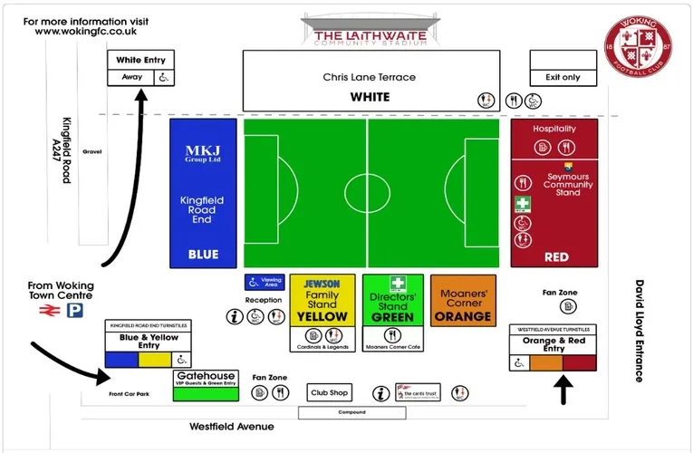 Sơ đồ chỗ ngồi sân Kingfield Stadium của Woking FC, hướng dẫn vị trí các khán đài và khu vực cổ động viên