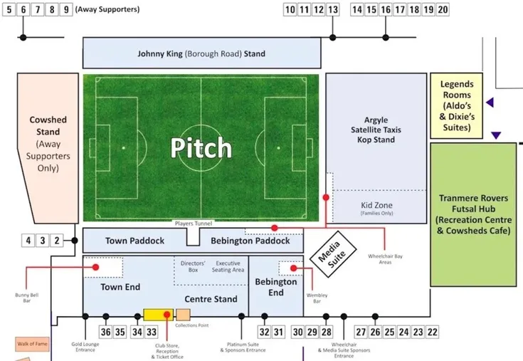 Sơ đồ tổng quan mặt bằng sân Prenton Park, hiển thị các khu vực khán đài và lối vào