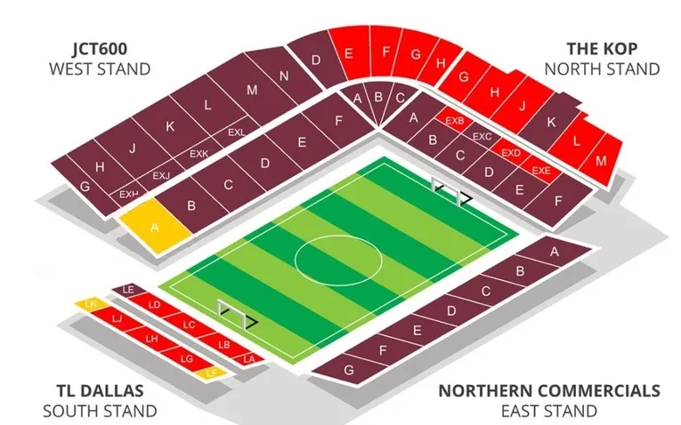 Sơ đồ tổng quan sân vận động Valley Parade, chỉ dẫn các khán đài và khu vực chỗ ngồi