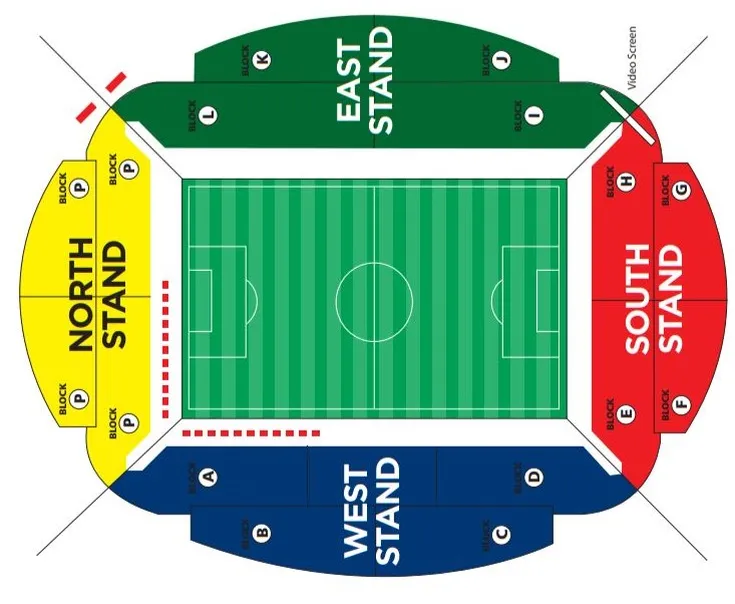 Sơ đồ tổng thể sân vận động Toughsheet Community Stadium, hiển thị bố cục và các khu vực khán đài chính