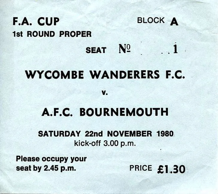 Tấm vé xem trận đấu FA Cup của AFC Bournemouth năm 1980, một phần của lịch sử CLB.