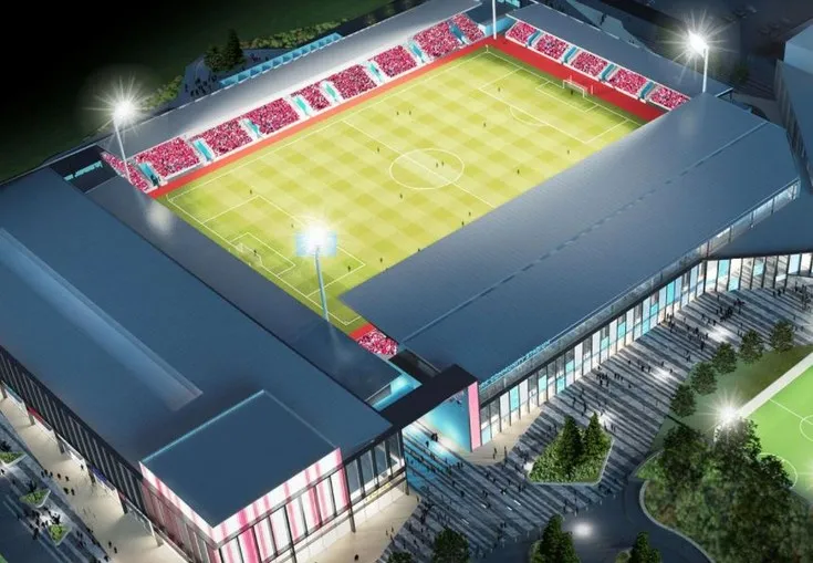 Thiết kế phác thảo sân LNER Community Stadium vào ban đêm